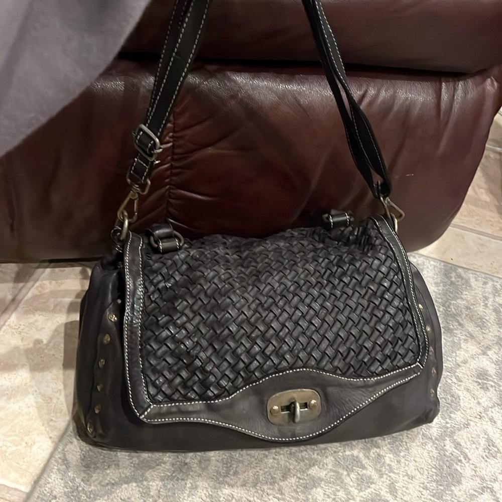 Woven Leather Shoulder Bag - Black